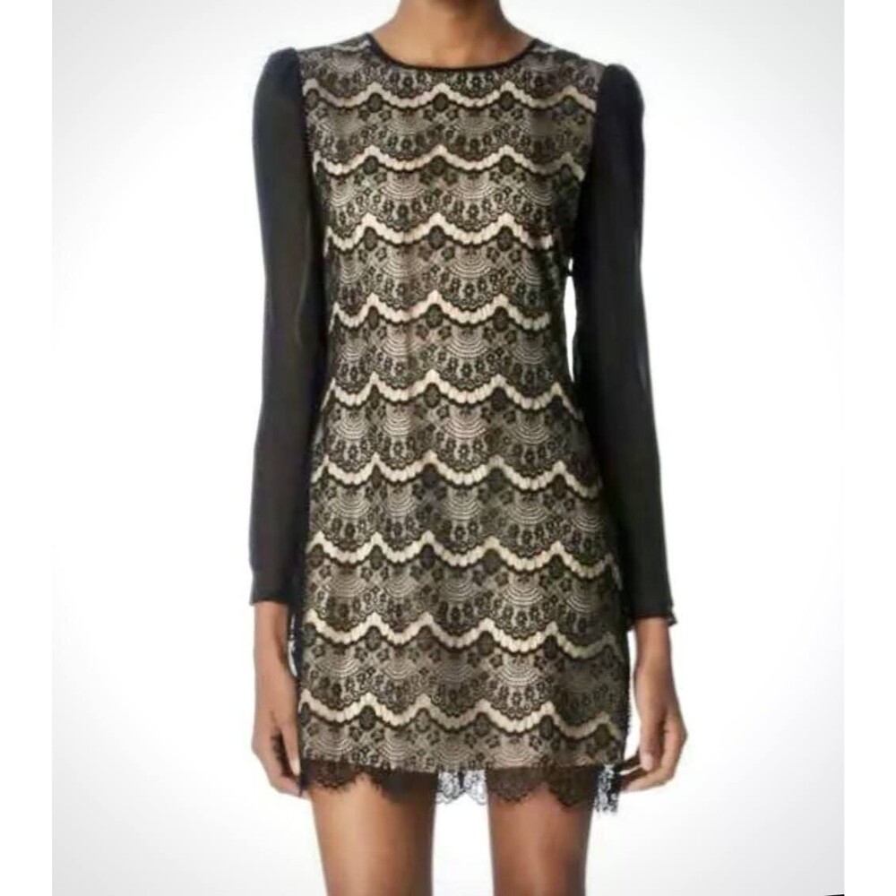Ted Baker Scallop Eyelash Lace Shift Mini Dress Womens 3 US 8 Black Long Sleeve